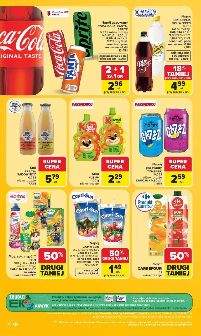 Gazetka promocyjna Carrefour - Gazetka Carrefour, Market z SUMIE najlepszy, od poniedziałku - ważna 22.06 do 28.06.2026 - strona 34 - produkty: Coca-Cola, Fa, Fanta, Leon, LG, Mus, Napój, Napój gazowany, Por, Schweppes, Sok, Sprite, Tymbark