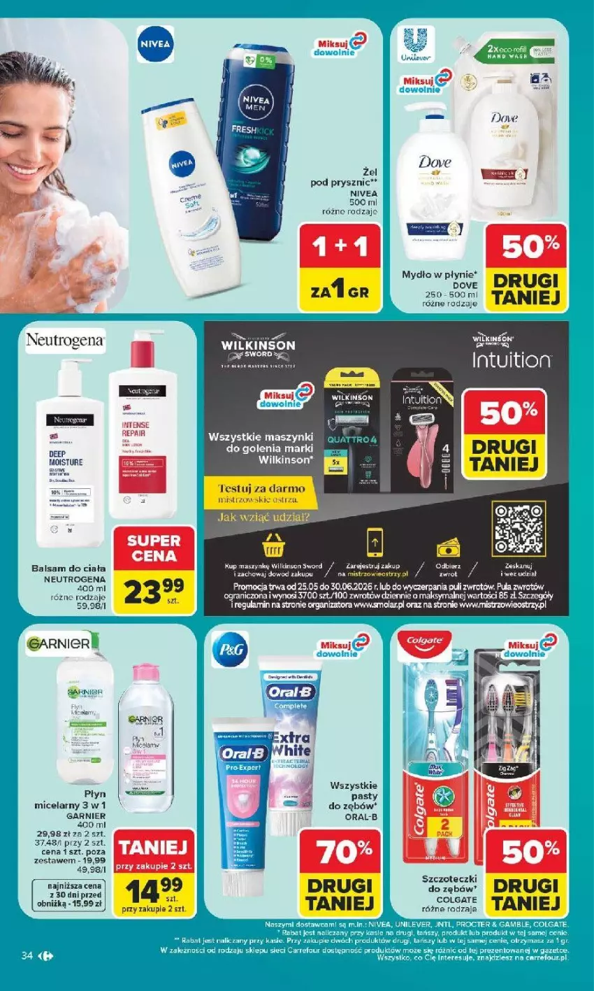 Gazetka promocyjna Carrefour - Gazetka Carrefour, Market z SUMIE najlepszy, od poniedziałku - ważna 22.06 do 28.06.2026 - strona 38 - produkty: Balsam do ciała, Colgate, Dove, Fa, Garnier, Gra, LG, Lion, Mola, Mydło, Mydło w płynie, Neutrogena, Nivea, Płyn micelarny, Ser