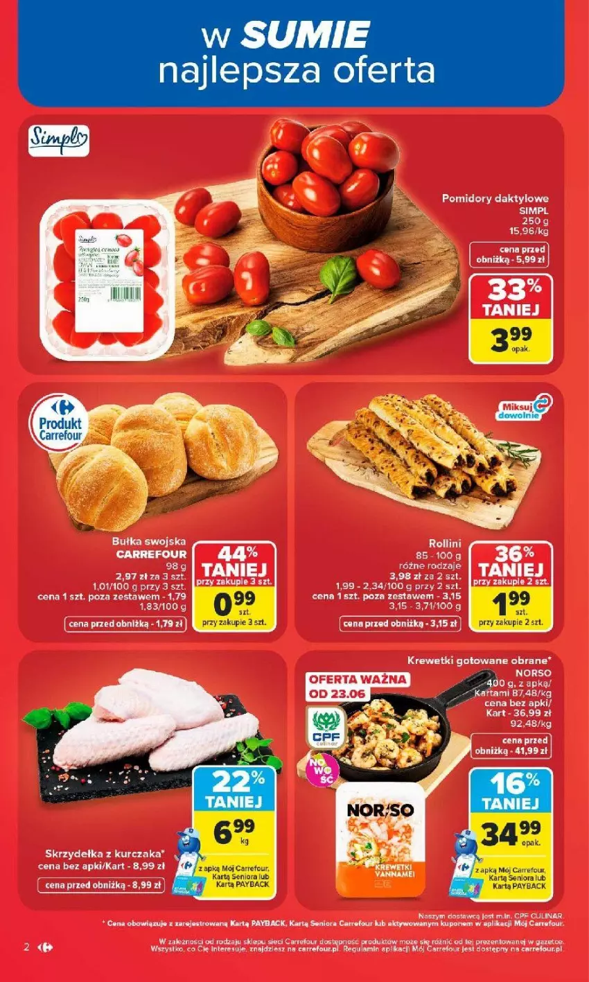 Gazetka promocyjna Carrefour - Gazetka Carrefour, Market z SUMIE najlepszy, od poniedziałku - ważna 22.06 do 28.06.2026 - strona 4 - produkty: Amica, Bułka, Krewetki, Kurczak, Piec, Pomidory, Skrzydełka z kurczaka, Top