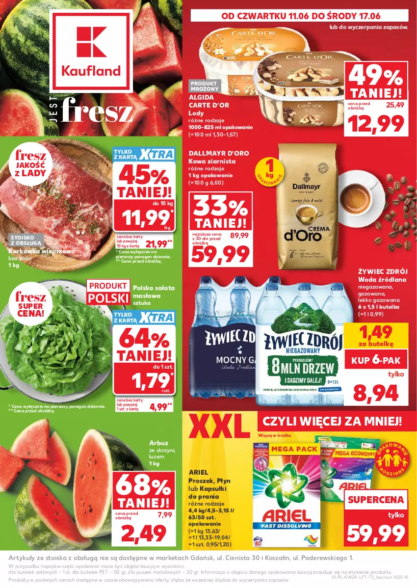 Gazetka promocyjna Kaufland - Gazetka tygodnia - ważna 11.06 do 17.06.2026 - strona 1 - produkty: Algida, Arbuz, Ariel, Dallmayr, Kapsułki do prania, Karkówka wieprzowa, Kawa, Kawa ziarnista, Kosz, LANA, LG, Lody, Masło, Sałat, Sałata masłowa, Sok, Szal, Woda