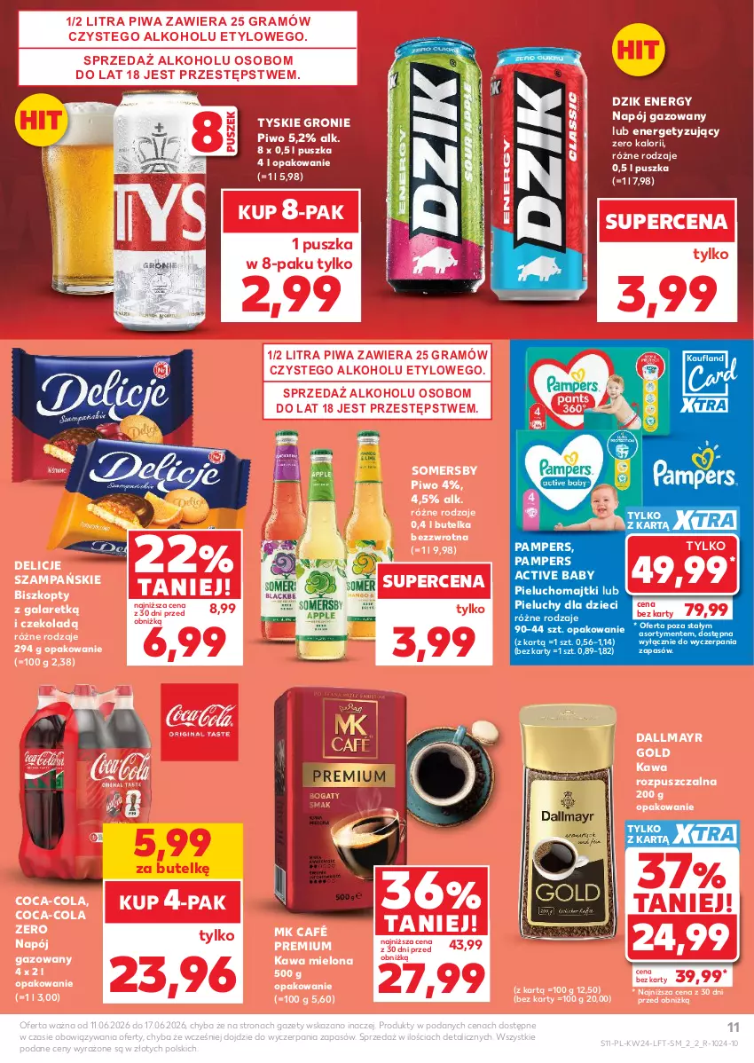Gazetka promocyjna Kaufland - Gazetka tygodnia - ważna 11.06 do 17.06.2026 - strona 11 - produkty: Biszkopty, Coca-Cola, Dallmayr, Delicje, Dzieci, Gala, Gra, Kawa, Kawa mielona, Kawa rozpuszczalna, Majtki, Napój, Napój gazowany, Pampers, Pieluchomajtki, Pieluchy, Piwa, Piwo, Somersby, Tyskie