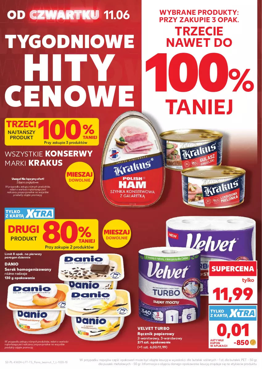 Gazetka promocyjna Kaufland - Gazetka tygodnia - ważna 11.06 do 17.06.2026 - strona 2 - produkty: Danio, Krakus, Papier, Por, Ręcznik, Ser, Serek, Serek homogenizowany, Sok, Velvet, Waga