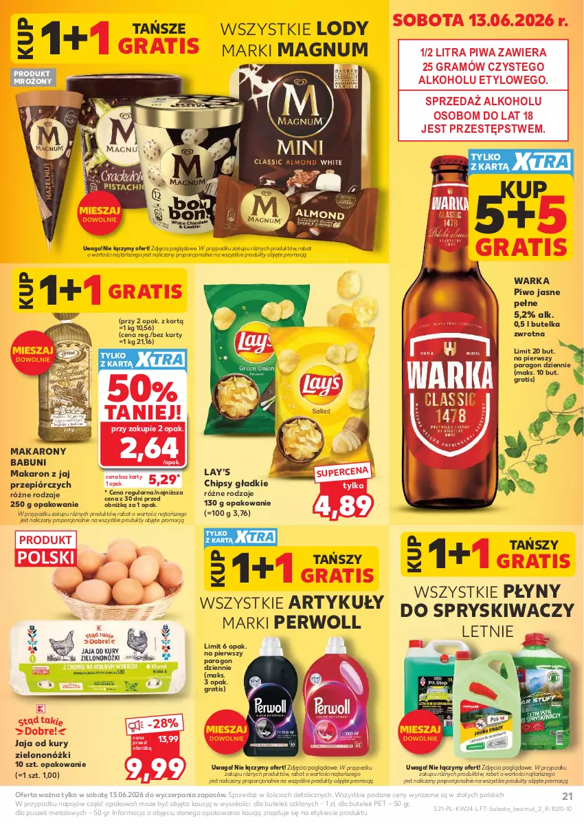 Gazetka promocyjna Kaufland - Gazetka tygodnia - ważna 11.06 do 17.06.2026 - strona 21 - produkty: Babuni, Chipsy, Gra, Jaja, Lay’s, Lody, Makaron, Perwoll, Piwa, Piwo, Piwo jasne, Por, Sok, Waga, Warka