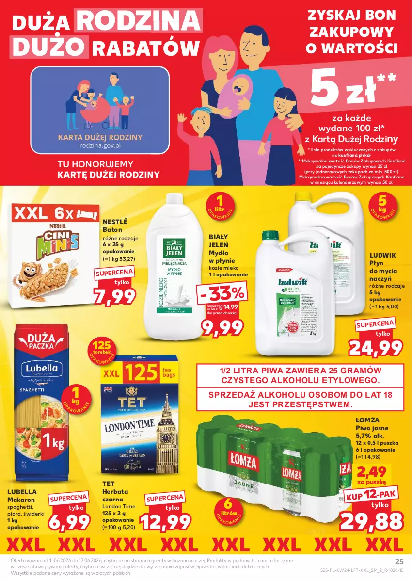 Gazetka promocyjna Kaufland - Gazetka tygodnia - ważna 11.06 do 17.06.2026 - strona 25 - produkty: Baton, Bell, Bella, Biały Jeleń, Do mycia naczyń, Gra, Herbata, Herbata czarna, Kalendarz, Lubella, Ludwik, Makaron, Mleko, Mydło, Mydło w płynie, Nestlé, Piwa, Piwo, Piwo jasne, Płyn do mycia, Płyn do mycia naczyń, Spaghetti