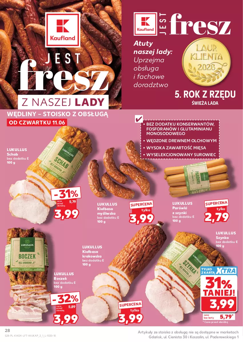Gazetka promocyjna Kaufland - Gazetka tygodnia - ważna 11.06 do 17.06.2026 - strona 28 - produkty: Boczek, Fa, Kiełbasa, Kiełbasa krakowska, Kosz, Parówki, Parówki z szynki, Ser, Sok, Szal, Szynka