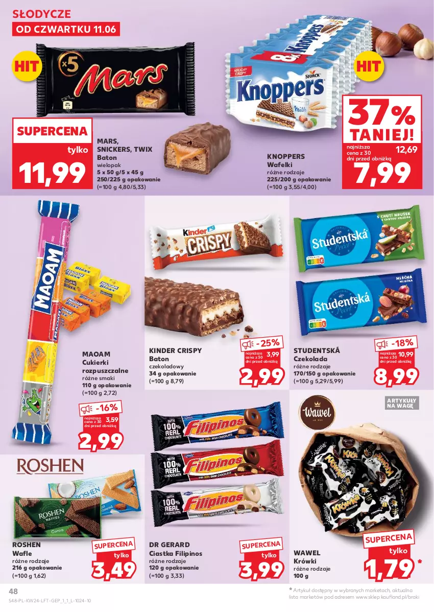 Gazetka promocyjna Kaufland - Gazetka tygodnia - ważna 11.06 do 17.06.2026 - strona 48 - produkty: Baton, Ciastka, Cukier, Cukierki, Czekolada, Dr Gerard, Dres, Kinder, Knoppers, Mars, Snickers, Twix, Wafle, Wawel