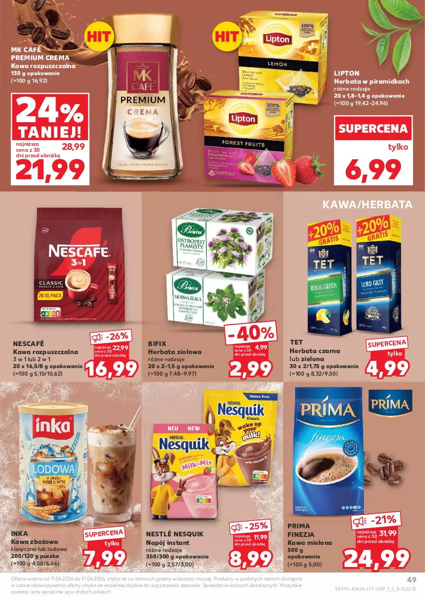 Gazetka promocyjna Kaufland - Gazetka tygodnia - ważna 11.06 do 17.06.2026 - strona 49 - produkty: Herbata, Herbata czarna, Inka, Kawa, Kawa mielona, Kawa rozpuszczalna, Kawa zbożowa, Lipton, Napój, Nescafé, Nesquik, Nestlé, Prima