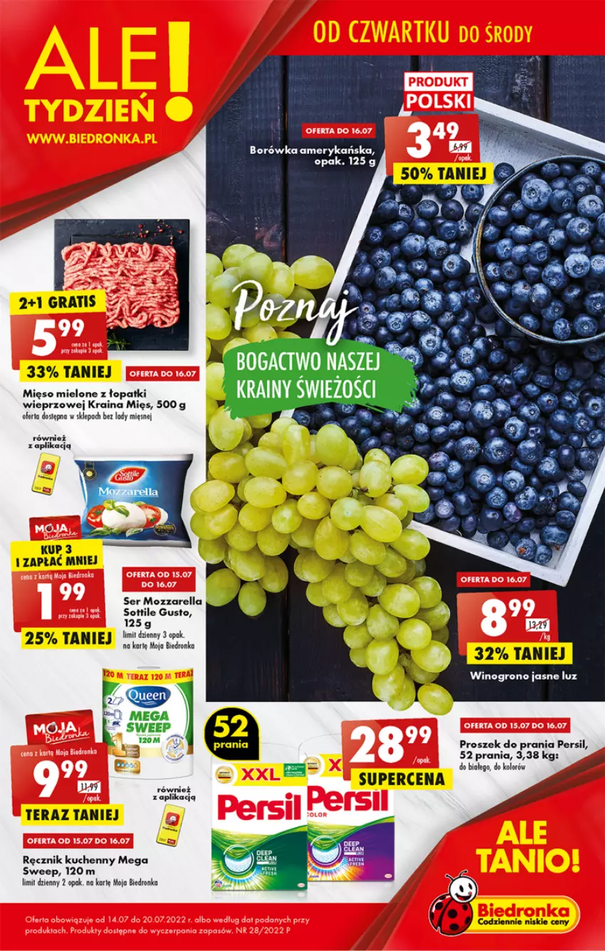 Gazetka promocyjna Biedronka - ważna 14.07 do 20.07.2022 - strona 1 - produkty: Borówka, Borówka amerykańska, Mięso, Mozzarella, Persil, Proszek do prania, Ręcznik, Ręcznik kuchenny