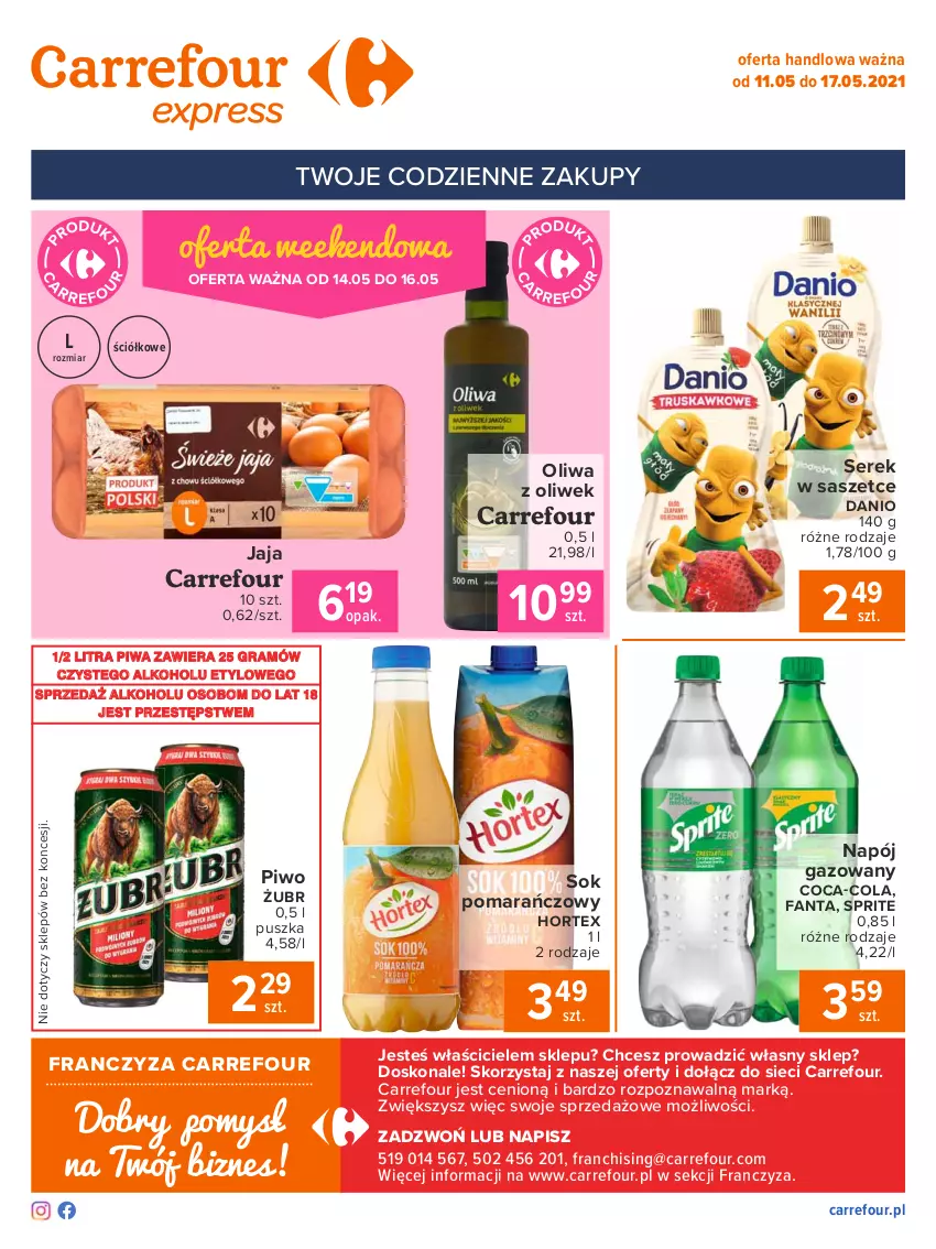 Gazetka promocyjna Carrefour - Gazetka Express - ważna 10.05 do 17.05.2021 - strona 2 - produkty: Coca-Cola, Danio, Fa, Fanta, Gra, Hortex, Jaja, Napój, Napój gazowany, Oliwa z oliwek, Piwa, Piwo, Ser, Serek, Sok, Sok pomarańczowy, Sprite