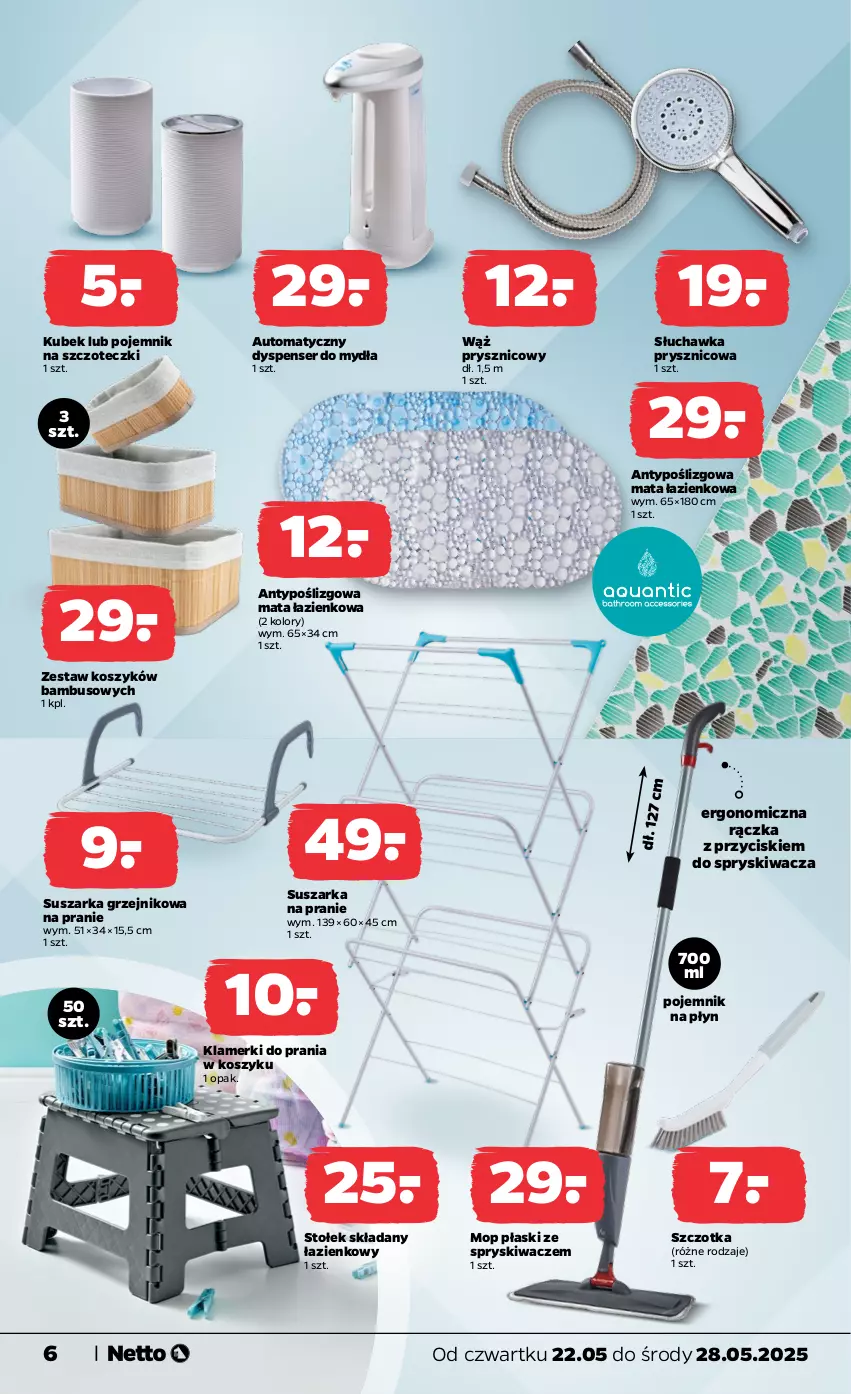 Gazetka promocyjna Netto - Od Czwartku Przemysłowa - ważna 22.05 do 28.05.2025 - strona 6 - produkty: Grzejnik, Kosz, Kubek, Mata łazienkowa, Mop, Pojemnik, Ser, Słuchawka prysznicowa, Stołek, Suszarka, Suszarka na pranie, Szczotka