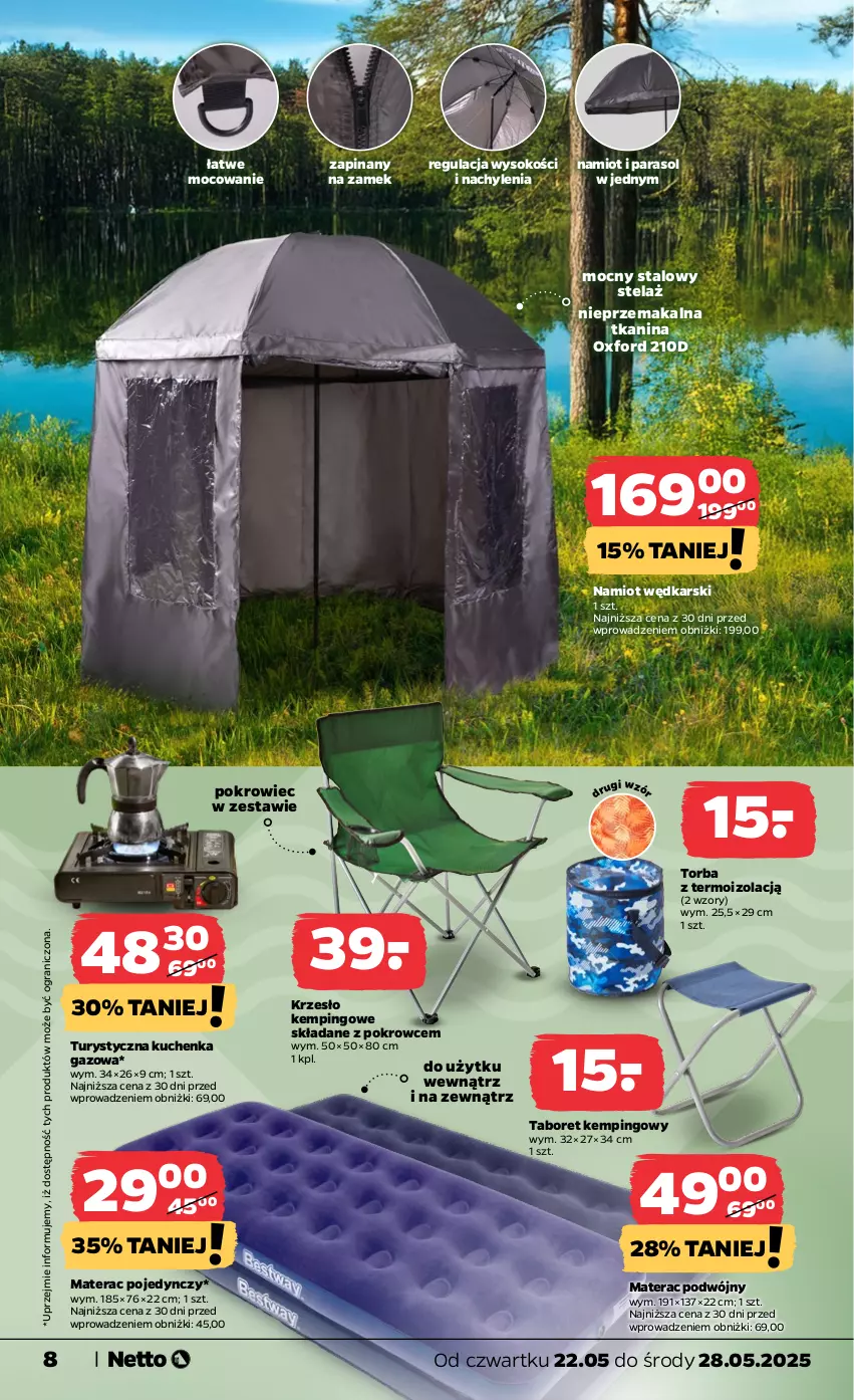 Gazetka promocyjna Netto - Od Czwartku Przemysłowa - ważna 22.05 do 28.05.2025 - strona 8 - produkty: Gra, Krzesło, Materac, Namiot, Parasol, Pokrowiec, Sok, Taboret, Tera, Torba