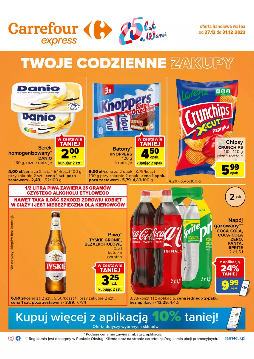 Gazetka promocyjna Carrefour - Gazetka Express - ważna 27.12 do 31.12.2022 - strona 1 - produkty: Baton, Coca-Cola, Danio, Fa, Fanta, Knoppers, Kosz, Napój, Piwo, Ser, Sprite, Tyskie