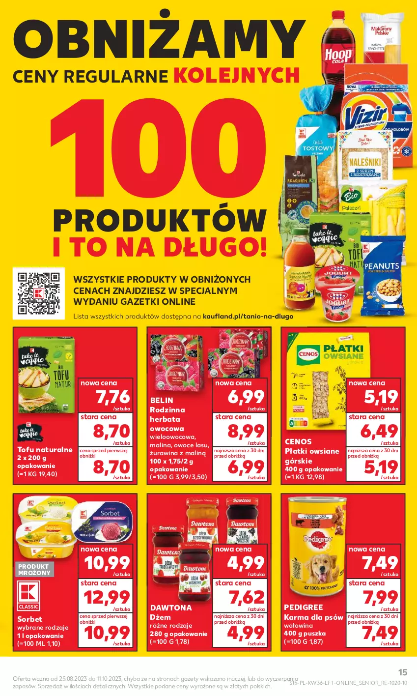 Gazetka promocyjna Kaufland - Gazetka tygodnia - ważna 07.09 do 13.09.2023 - strona 15 - produkty: Cenos, Dawtona, Dżem, Herbata, Herbata owocowa, Olej, Owoce, Pedigree, Płatki owsiane, Tofu, Wołowina