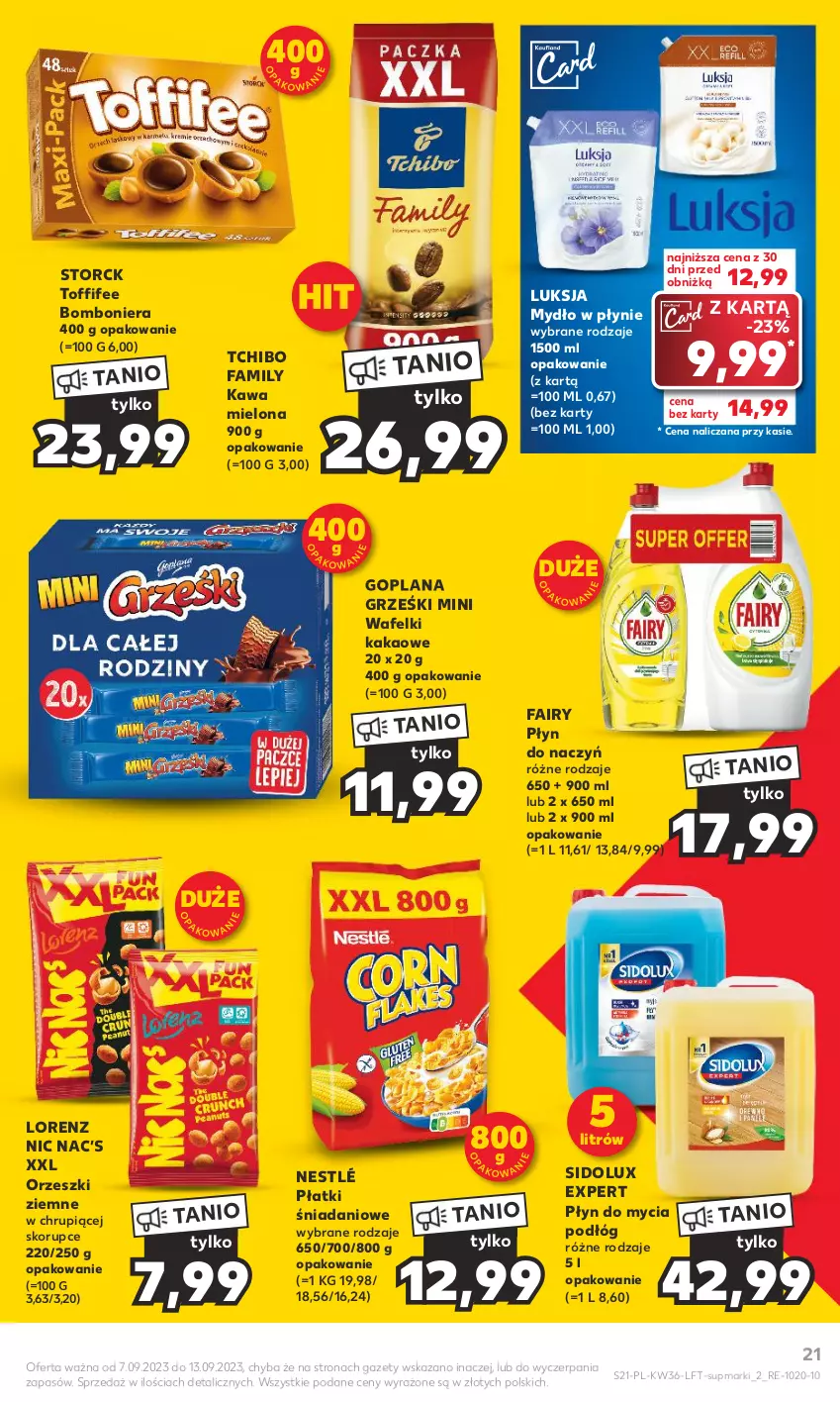 Gazetka promocyjna Kaufland - Gazetka tygodnia - ważna 07.09 do 13.09.2023 - strona 21 - produkty: Bomboniera, Danio, Fa, Fairy, Goplana, Grześki, Kakao, Kawa, Kawa mielona, LANA, Lorenz, Luksja, Mydło, Mydło w płynie, Nestlé, Orzeszki, Orzeszki ziemne, Płyn do mycia, Płyn do mycia podłóg, Sidolux, Tchibo, Tchibo Family, Toffifee