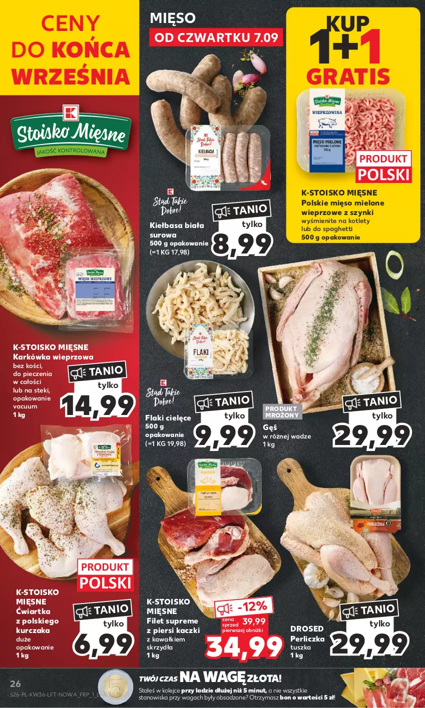 Gazetka promocyjna Kaufland - Gazetka tygodnia - ważna 07.09 do 13.09.2023 - strona 26 - produkty: Flaki, Gra, Karkówka wieprzowa, Kawa, Kiełbasa, Kiełbasa biała, Kotlet, Kurczak, Mięso, Mięso mielone, Olej, Perliczka, Piec, Spaghetti, Stek, Tusz, Waga