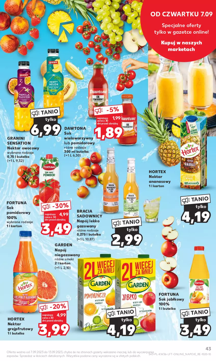 Gazetka promocyjna Kaufland - Gazetka tygodnia - ważna 07.09 do 13.09.2023 - strona 43 - produkty: Ananas, Dawtona, Fortuna, Gra, Grejpfrut, Hortex, Napój, Napój niegazowany, Napoje, Nektar, Sati, Sok, Sok jabłkowy, Sok pomidorowy