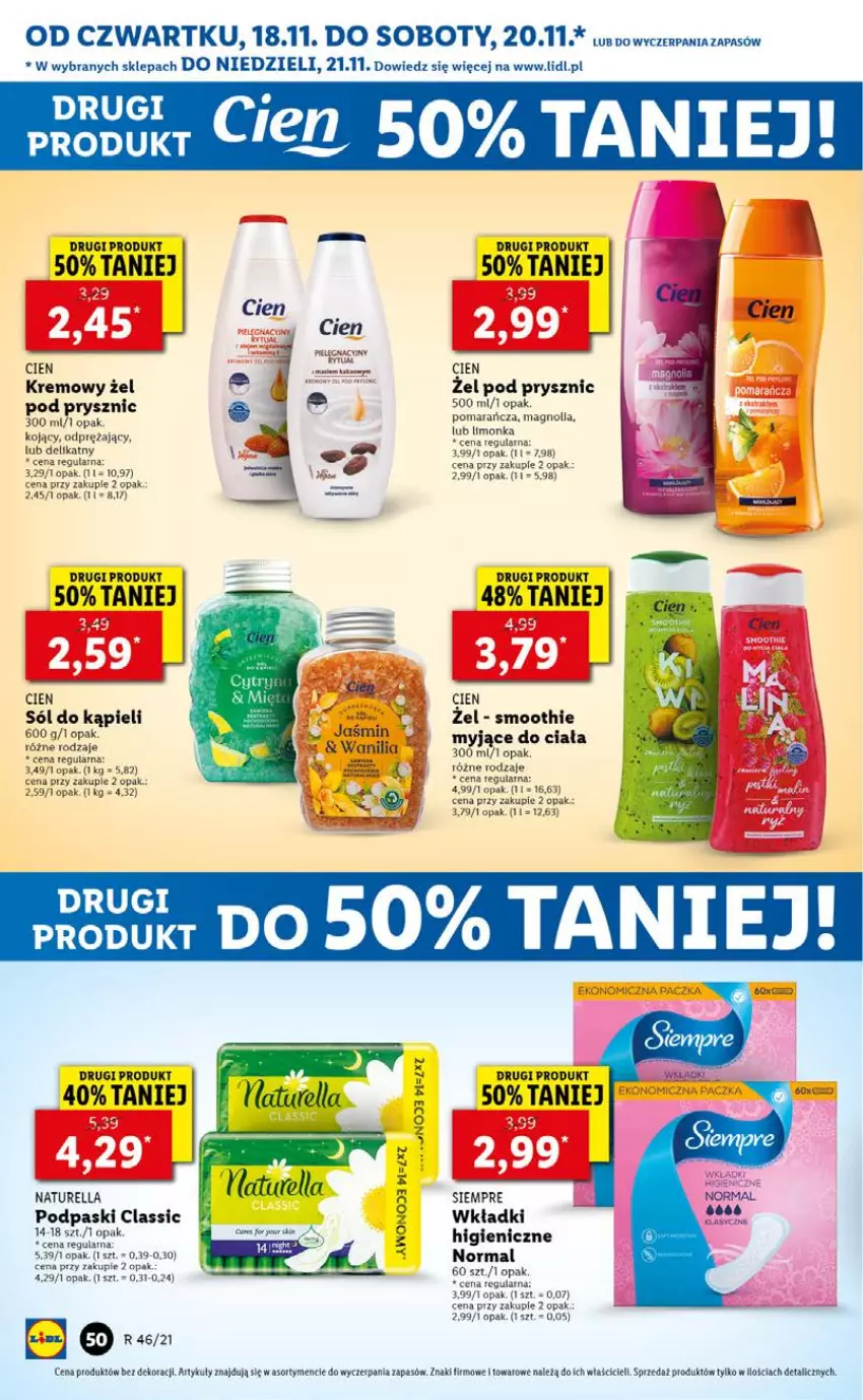 Gazetka promocyjna Lidl - GAZETKA OD 18.11 DO 21.11 - ważna 18.11 do 21.11.2021 - strona 50 - produkty: Limonka, Naturell, Naturella, Podpaski, Smoothie, Sól, Sól do kąpieli, Wkładki