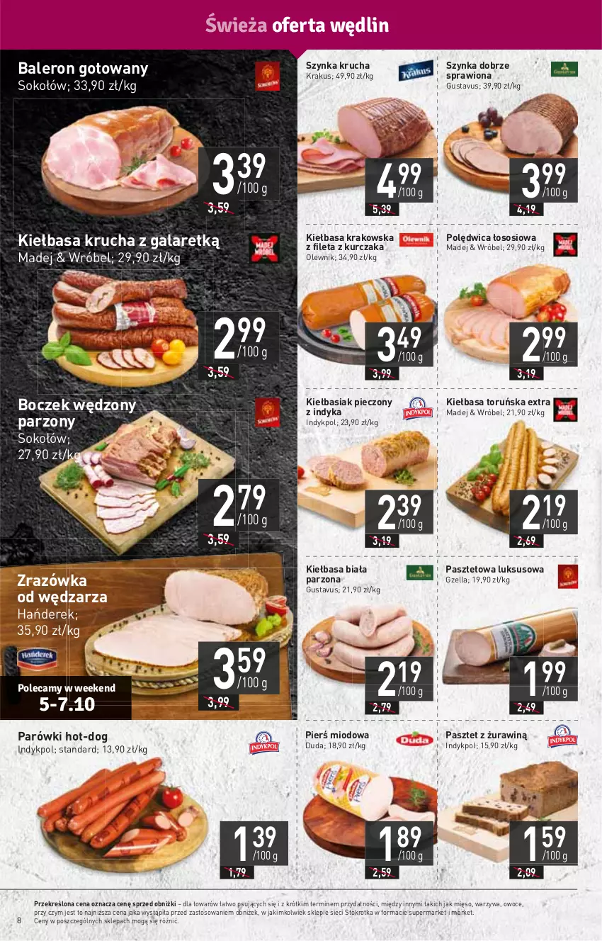 Gazetka promocyjna Stokrotka - Supermarket - ważna 05.10 do 11.10.2023 - strona 10 - produkty: Basia, Boczek, Duda, Gala, HP, Kiełbasa, Kiełbasa biała, Kiełbasa krakowska, Kiełbasa krucha, Krakus, Kurczak, Mięso, Olewnik, Owoce, Parówki, Pasztet, Piec, Polędwica, Sok, Sokołów, Sos, Szynka, Warzywa