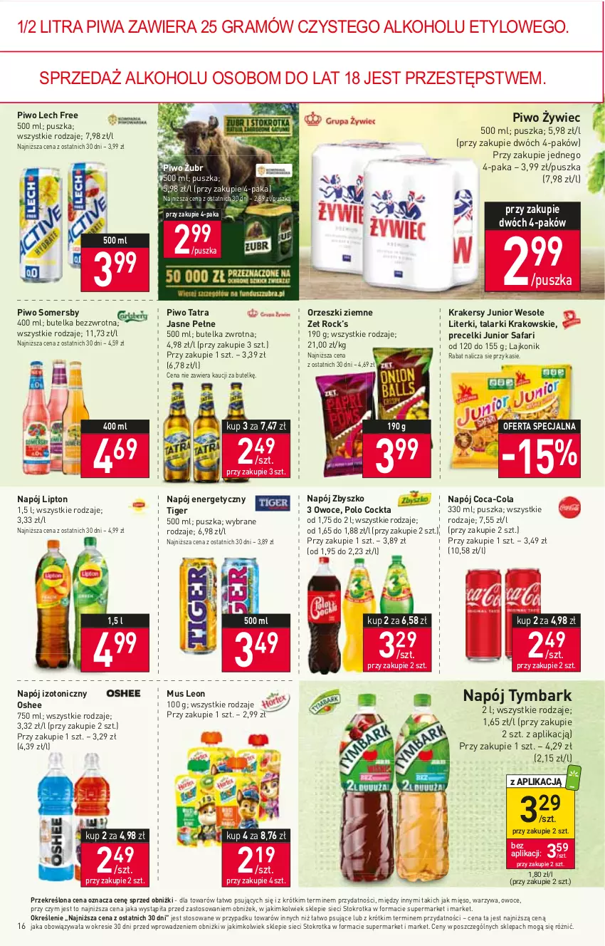 Gazetka promocyjna Stokrotka - Supermarket - ważna 05.10 do 11.10.2023 - strona 18 - produkty: Coca-Cola, Fa, Gra, Krakersy, Lajkonik, Leon, Lipton, Mięso, Mus, Napój, Napój energetyczny, Napój izotoniczny, Orzeszki, Orzeszki ziemne, Oshee, Owoce, Piwa, Piwo, Precelki, Somersby, Tatra, Tiger, Tymbark, Warzywa