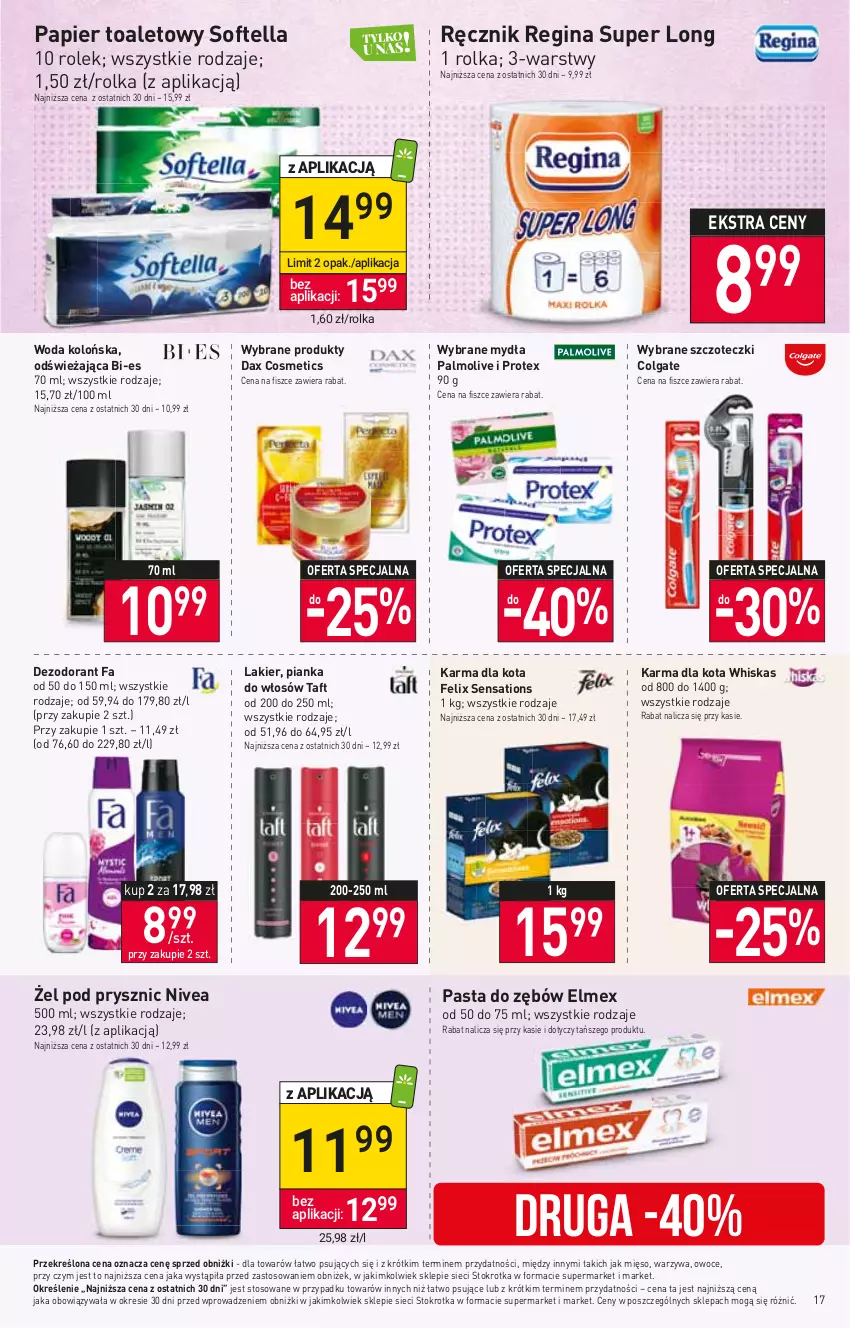 Gazetka promocyjna Stokrotka - Supermarket - ważna 05.10 do 11.10.2023 - strona 19 - produkty: Colgate, DAX, Dezodorant, Elmex, Fa, Felix, Gin, Lakier, LG, Mięso, Nivea, Owoce, Palmolive, Papier, Papier toaletowy, Pasta do zębów, Pianka do włosów, Ręcznik, Sati, Taft, Warzywa, Whiskas, Woda, Woda kolońska