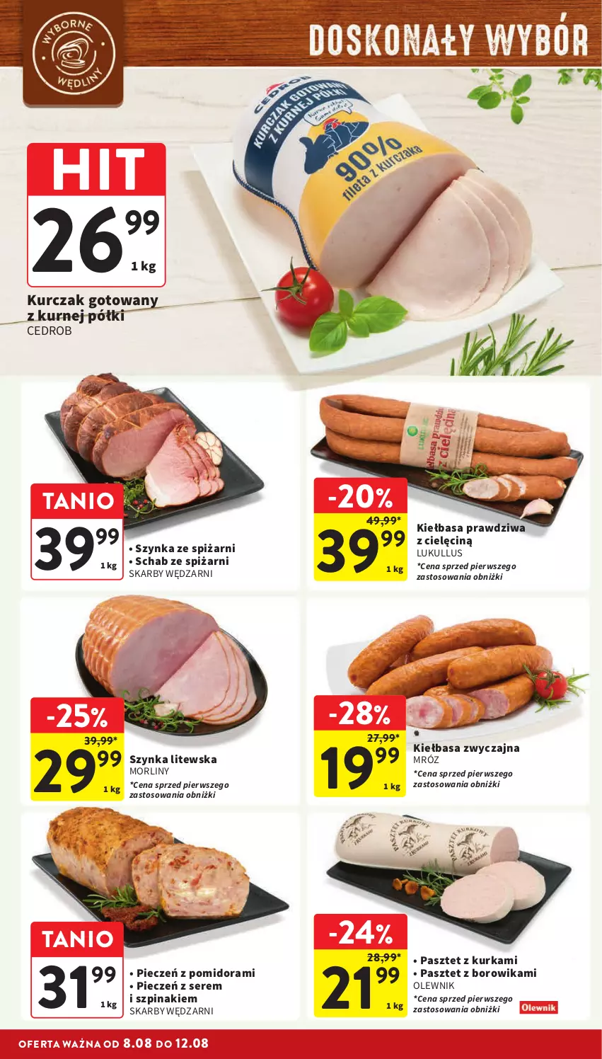 Gazetka promocyjna Intermarche - ważna 08.08 do 12.08.2024 - strona 14 - produkty: Kiełbasa, Kurczak, Kurczak gotowany, Morliny, Olewnik, Pasztet, Piec, Ser, Szpinak, Szynka