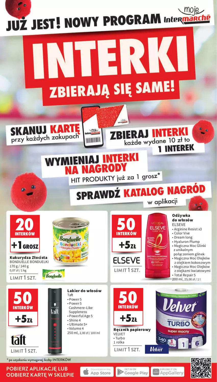 Gazetka promocyjna Intermarche - ważna 08.08 do 12.08.2024 - strona 2 - produkty: Bonduelle, Elseve, Gin, Kokos, Kukurydza, Lakier, Lakier do włosów, Odżywka, Olej, Papier, Ręcznik, Taft, Velvet