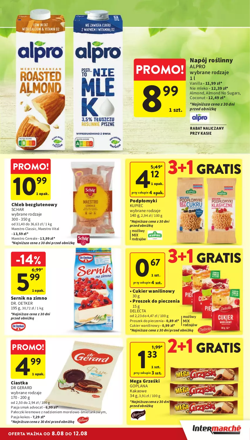 Gazetka promocyjna Intermarche - ważna 08.08 do 12.08.2024 - strona 25 - produkty: Alpro, Chleb, Chleb bezglutenowy, Ciastka, Cukier, Cukier wanilinowy, Delecta, Dr Gerard, Dr. Oetker, Goplana, Gra, Grześki, Kakao, Kokos, Kupiec, LANA, Mleko, Napój, Napój roślinny, Piec, Proszek do pieczenia, Ser