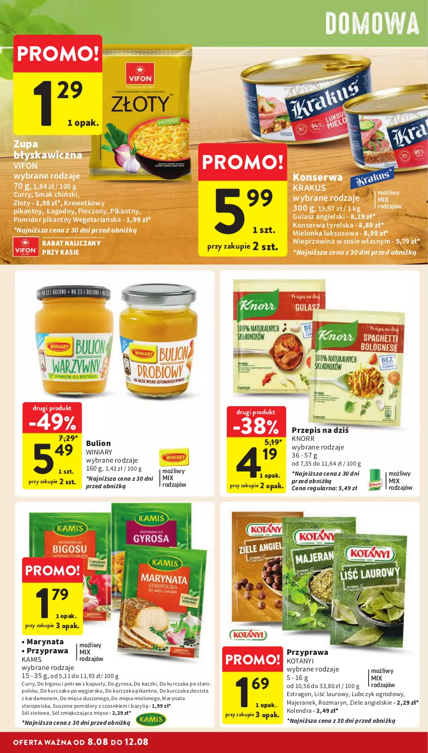 Gazetka promocyjna Intermarche - ważna 08.08 do 12.08.2024 - strona 26 - produkty: Bazyl, Bigos, Bulion, Gyros, Kamis, Knorr, Kolendra, Krakus, Kurczak, Laur, Lion, Mięso, Piec, Pomidory, Ser, Sól, Sól zmiękczająca, Sól zmiękczająca mięso, Sos, Suszone pomidory, Wieprzowina, Winiary, Ziele angielskie, Zupa