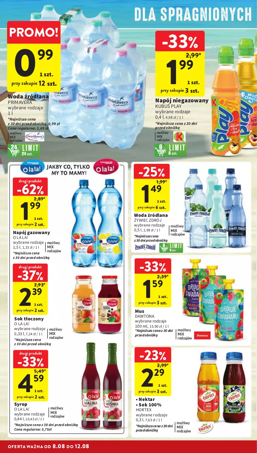 Gazetka promocyjna Intermarche - ważna 08.08 do 12.08.2024 - strona 28 - produkty: Dawtona, Hortex, Kubuś, LANA, Mus, Napój, Napój gazowany, Napój niegazowany, Nektar, Prima, Primavera, Sok, Syrop, Woda