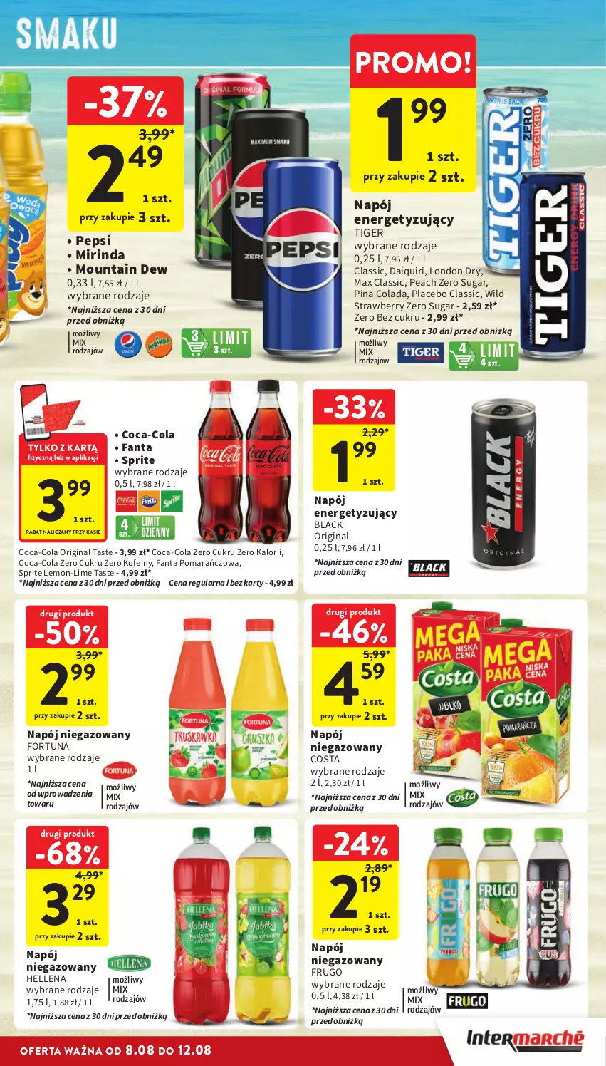 Gazetka promocyjna Intermarche - ważna 08.08 do 12.08.2024 - strona 29 - produkty: Coca-Cola, Fa, Fanta, Fortuna, Gin, Hellena, Lack, Mirinda, Napój, Napój niegazowany, Pepsi, Sprite, Tiger