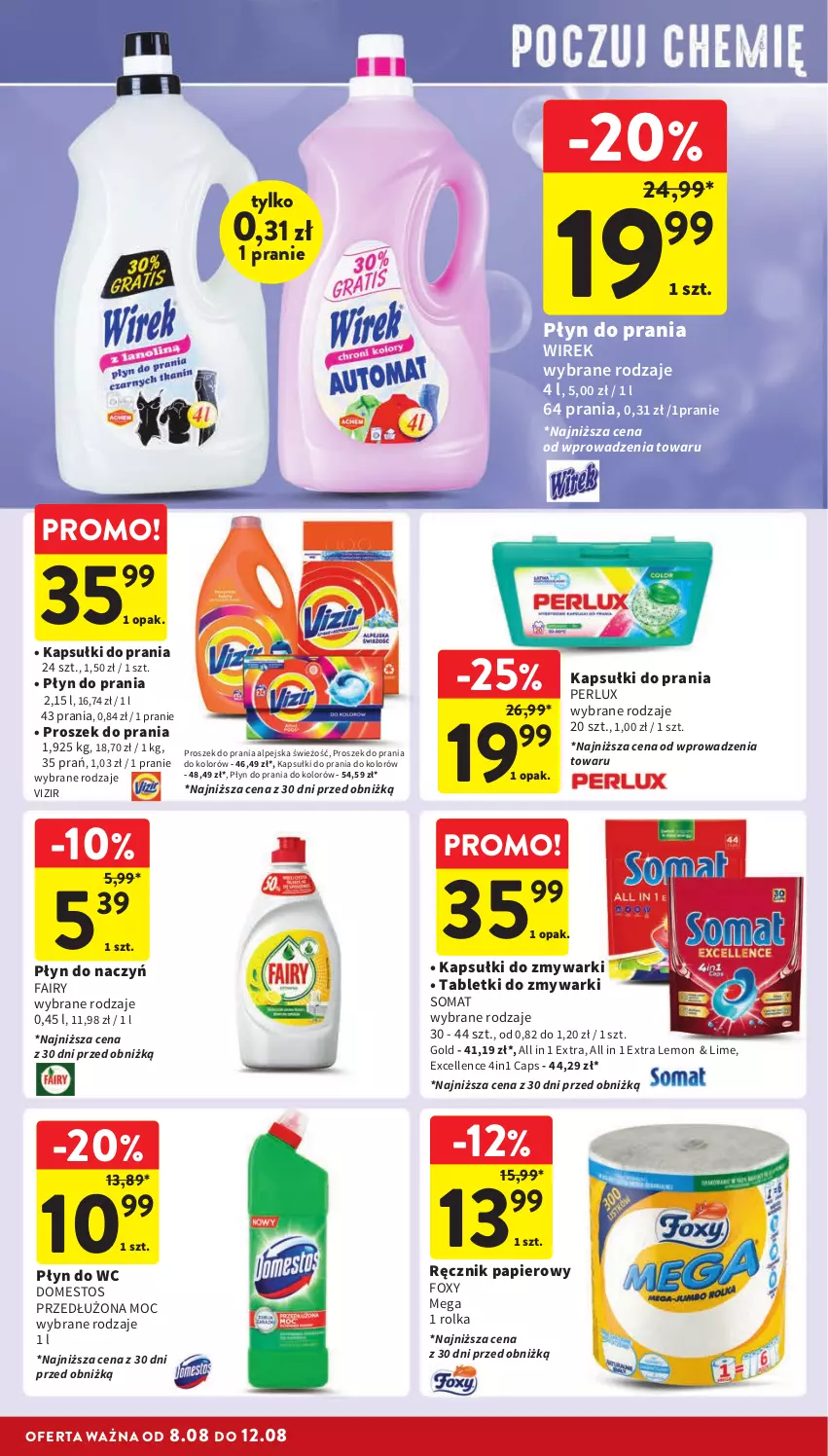 Gazetka promocyjna Intermarche - ważna 08.08 do 12.08.2024 - strona 32 - produkty: Domestos, Fa, Fairy, Foxy, Kapsułki do prania, Papier, Płyn do prania, Płyn do wc, Proszek do prania, Ręcznik, Somat, Tablet, Tabletki do zmywarki, Vizir, Zmywarki