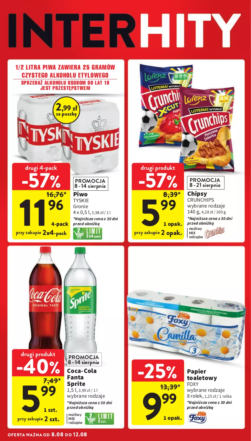 Gazetka promocyjna Intermarche - ważna 08.08 do 12.08.2024 - strona 6 - produkty: Chipsy, Coca-Cola, Crunchips, Fa, Fanta, Foxy, Gra, Papier, Papier toaletowy, Piwa, Piwo, Sprite, Tyskie