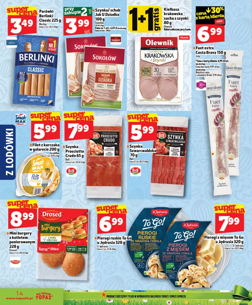 Gazetka promocyjna Topaz - Gazetka - ważna 26.03 do 01.04.2026 - strona 14 - produkty: Bell, Berlinki, Burger, Kiełbasa, Kotlet, Parówki, Pierogi, Prosciutto, Szynka, Top
