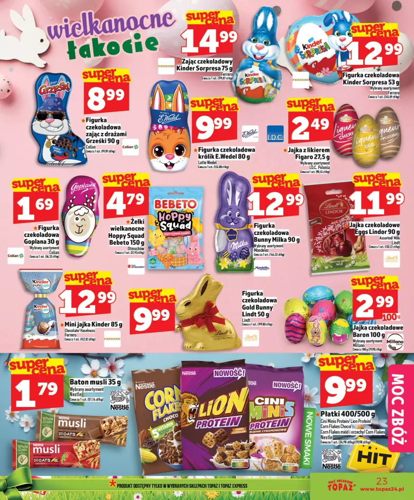 Gazetka promocyjna Topaz - Gazetka - ważna 26.03 do 01.04.2026 - strona 23 - produkty: Baton, Cini Minis, Corn flakes, Ferrero, Goplana, Grześki, Kinder, Królik, LANA, Likier, Lindor, Lindt, Lion, Miód, Mus, Squad, Top