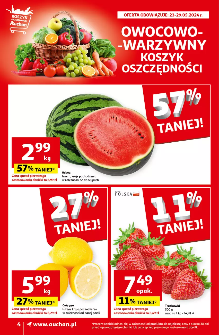 Gazetka promocyjna Auchan - Gazetka Oferty tygodnia Supermarket Auchan - ważna 23.05 do 29.05.2024 - strona 4 - produkty: Arbuz, Truskawki