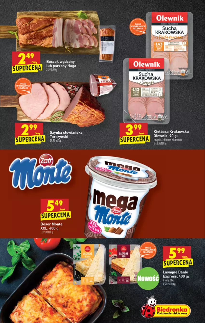 Gazetka promocyjna Biedronka - W tym tygodniu - ważna 13.05 do 19.05.2021 - strona 49 - produkty: Boczek, Deser, Kiełbasa, Kiełbasa krakowska, Lasagne, Monte, Olewnik, Ser, Szynka, Tarczyński