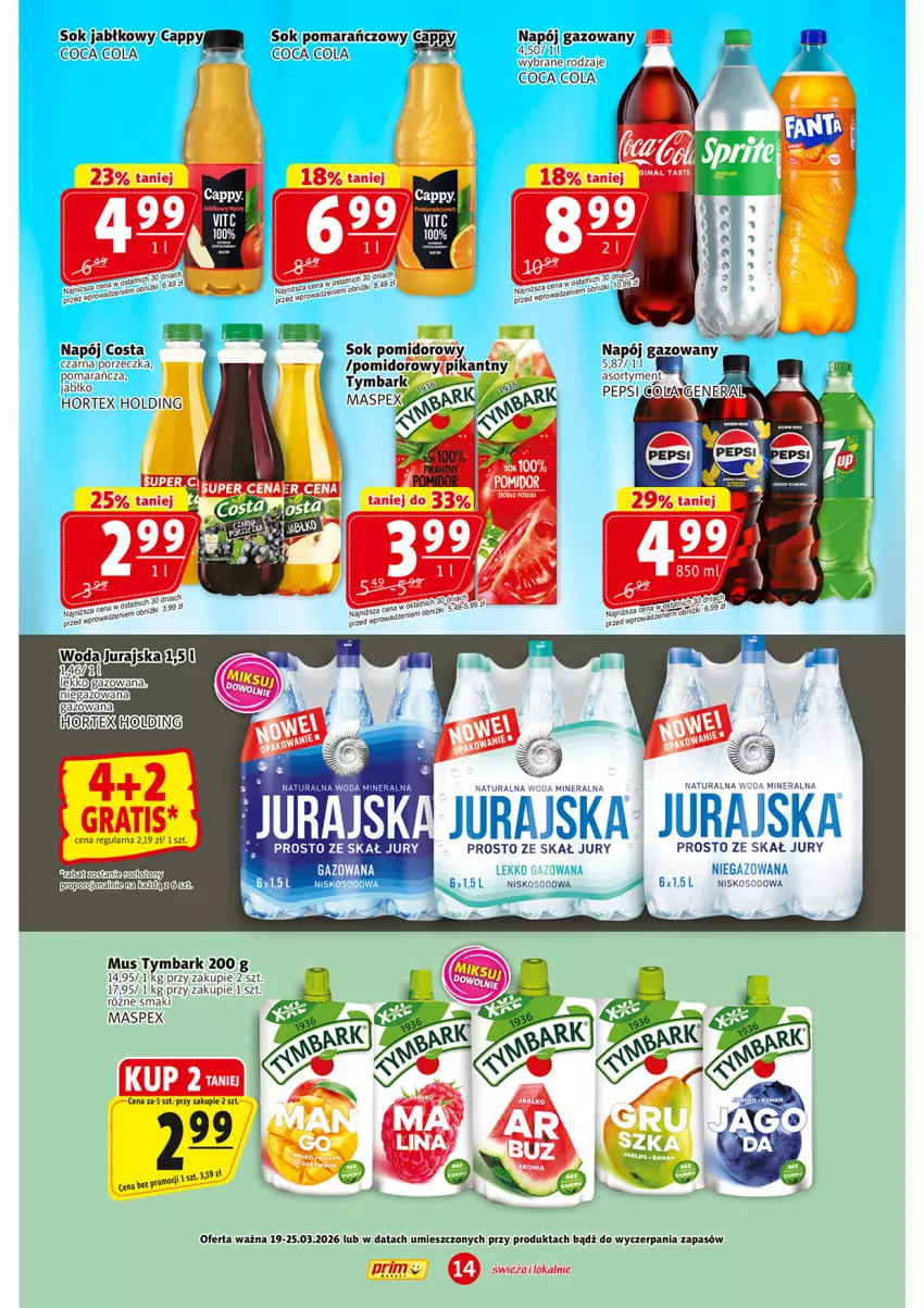 Gazetka promocyjna Prim Market - ważna 19.03 do 25.03.2026 - strona 14 - produkty: Cappy, Hortex, Mus, Napój, Napój gazowany, Por, Sok, Sok jabłkowy, Sok pomarańczowy, Sok pomidorowy, Tymbark, Woda, Woda mineralna