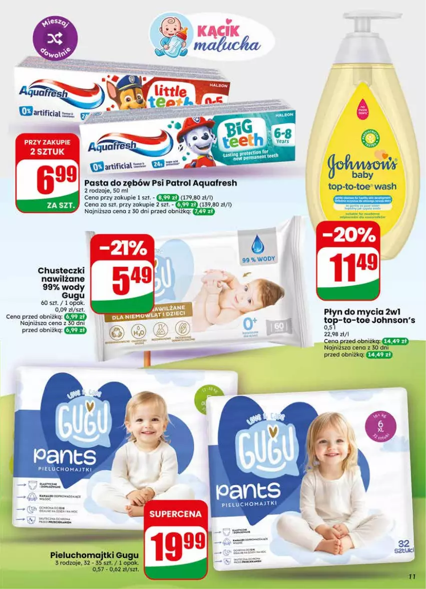 Gazetka promocyjna Dino - Gazetka 17 / 2026 - ważna 22.04 do 28.04.2026 - strona 11 - produkty: Chusteczki, Johnson's, Majtki, Pieluchomajtki, Płyn do mycia, Psi Patrol, Top