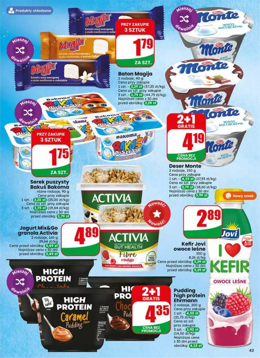 Gazetka promocyjna Dino - Gazetka 17 / 2026 - ważna 22.04 do 28.04.2026 - strona 43 - produkty: Activia, Bakoma, Baton, Deser, Gra, Jogurt, Kefir, Koc, Magija, Monte, Owoce, Pudding, Ser, Serek, Serek puszysty, Tonik