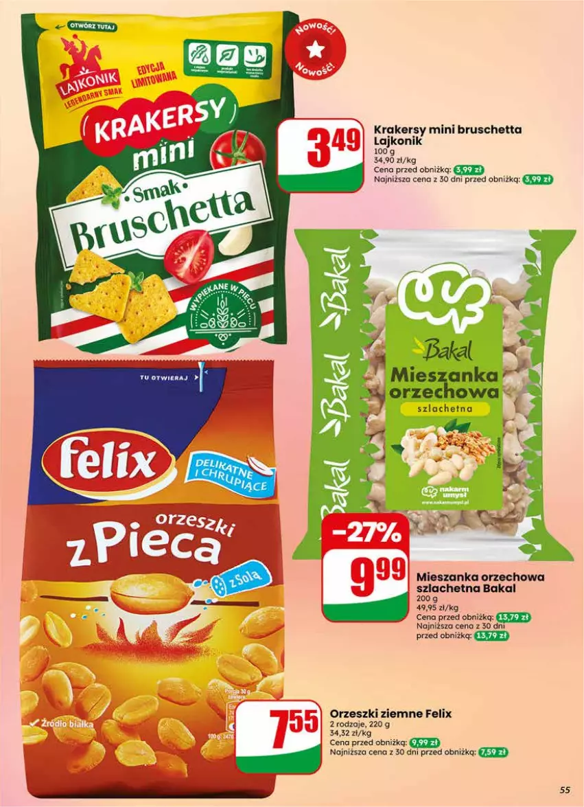 Gazetka promocyjna Dino - Gazetka 17 / 2026 - ważna 22.04 do 28.04.2026 - strona 55 - produkty: Felix, Krakersy, Lajkonik, Mieszanka orzechowa, Orzeszki, Orzeszki ziemne