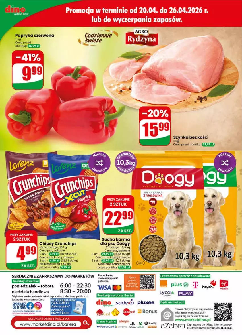 Gazetka promocyjna Dino - Gazetka 17 / 2026 - ważna 22.04 do 28.04.2026 - strona 76 - produkty: Chipsy, Crunchips, Papryka, Papryka czerwona, Perfum, Ser, Sucha karma, Szynka, Tera