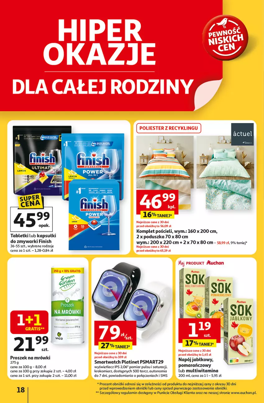 Gazetka promocyjna Auchan - Dobra Zabawa to Poważna Sprawa Hipermarket - ważna 29.05 do 04.06.2025 - strona 18 - produkty: Finish, Komplet pościeli, Krokomierz, Napój, PLATINET, Poduszka, Pościel, Smartwatch, Tablet, Zmywarki