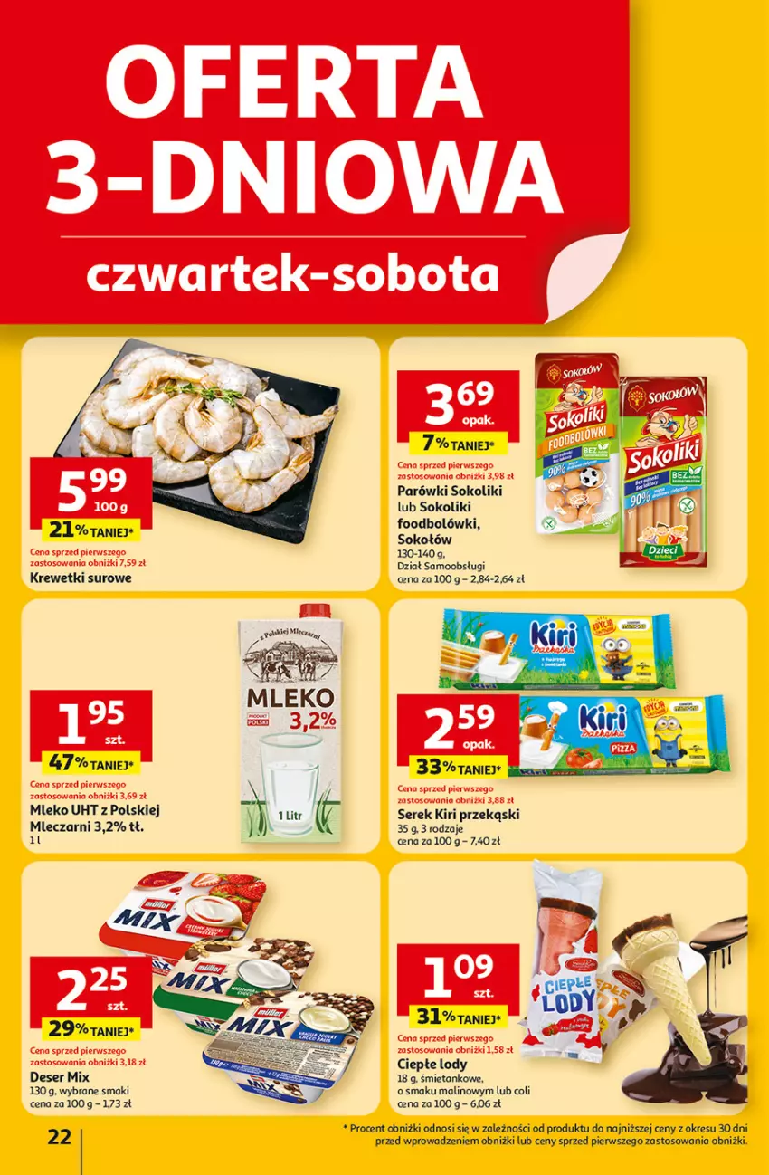 Gazetka promocyjna Auchan - Dobra Zabawa to Poważna Sprawa Hipermarket - ważna 29.05 do 04.06.2025 - strona 24 - produkty: Ciepłe lody, Deser, Krewetki, Lody, Mleko, Parówki, Parówki sokoliki, Ser, Serek, Sok, Sokołów