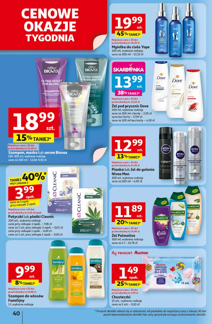 Gazetka promocyjna Auchan - Dobra Zabawa to Poważna Sprawa Hipermarket - ważna 29.05 do 04.06.2025 - strona 42 - produkty: Chusteczki, Cleanic, Dove, Dzieci, Fa, Nivea, Nivea Men, Palmolive, Szampon, Yope