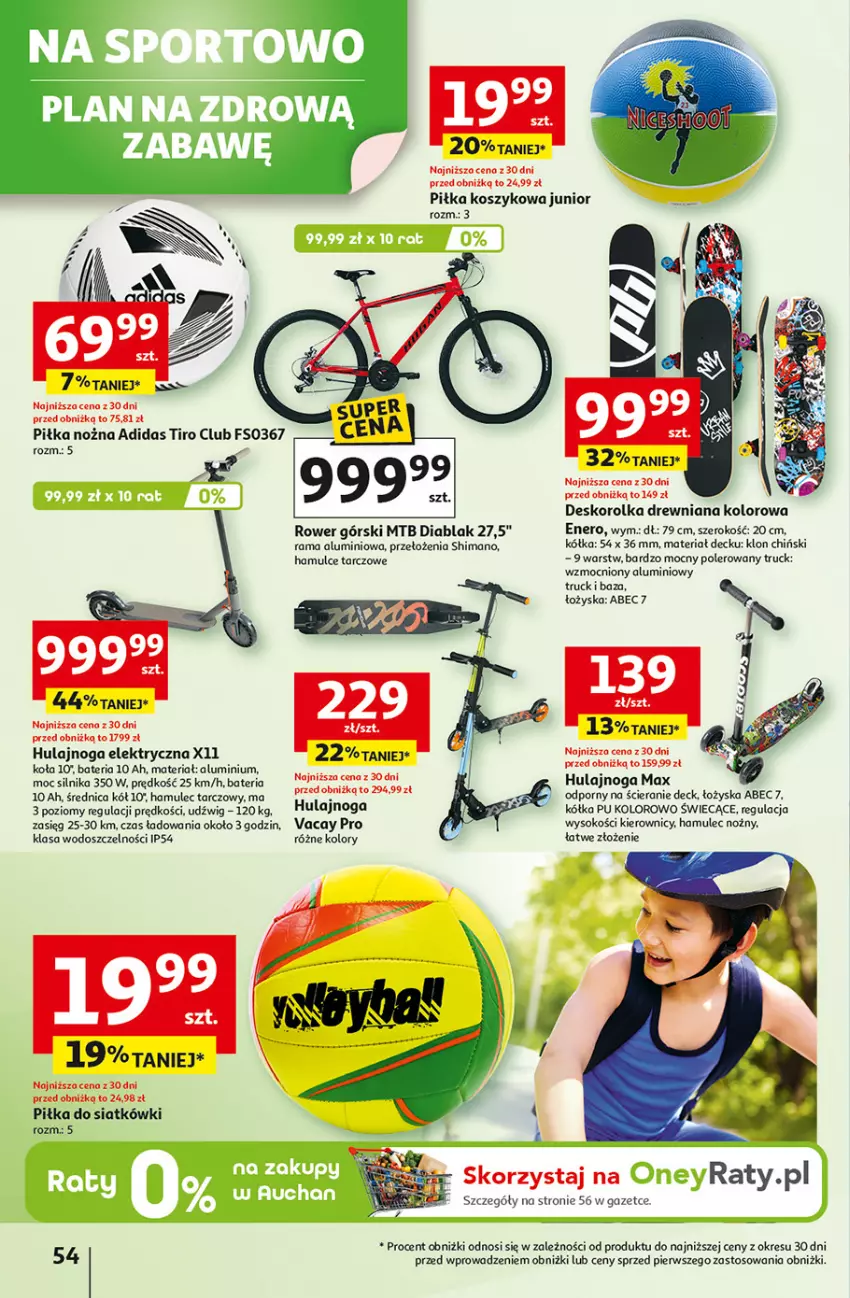 Gazetka promocyjna Auchan - Dobra Zabawa to Poważna Sprawa Hipermarket - ważna 29.05 do 04.06.2025 - strona 56 - produkty: Adidas, Bateria, Deskorolka, Dźwig, Hulajnoga, Hulajnoga elektryczna, Kosz, Mule, Noż, Piłka nożna, Por, Rama, Rower, Sok