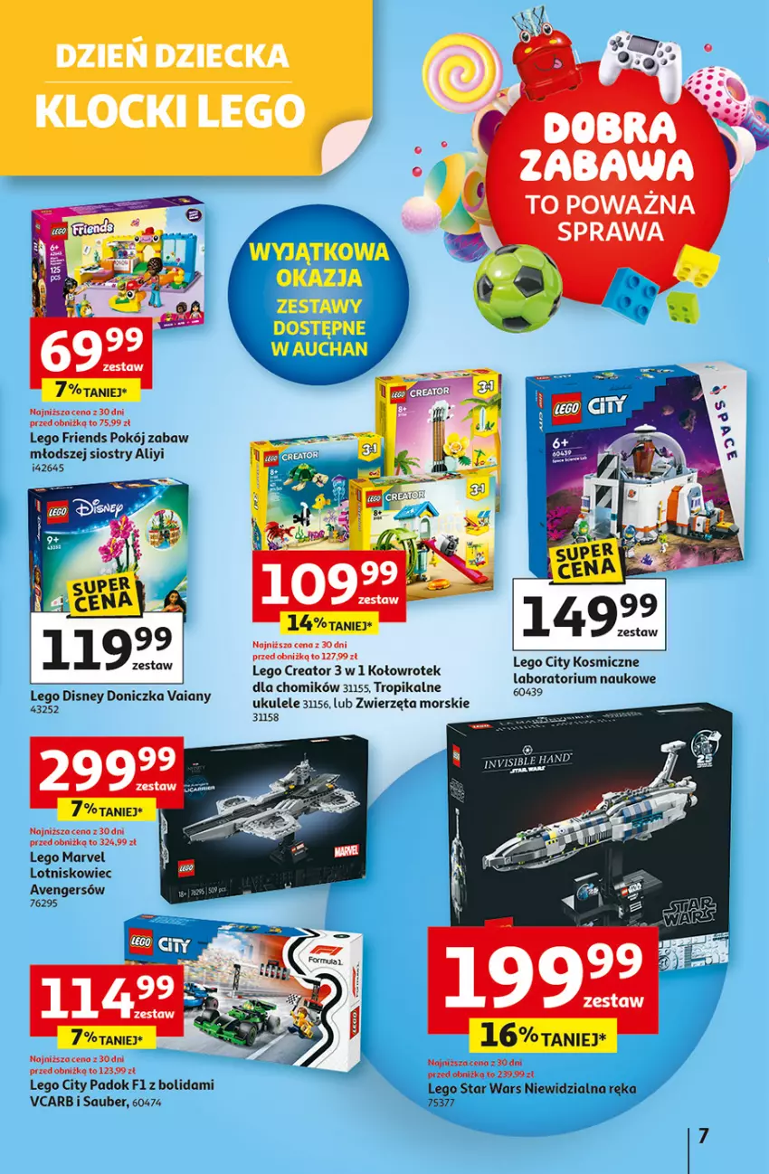 Gazetka promocyjna Auchan - Dobra Zabawa to Poważna Sprawa Hipermarket - ważna 29.05 do 04.06.2025 - strona 7 - produkty: Avengers, Disney, LEGO, LEGO City, LEGO Creator, LEGO Friends, LEGO Star Wars, Star Wars, Ukulele, Zwierzęta