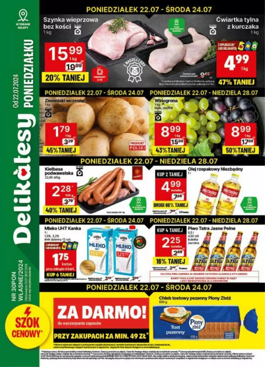 Gazetka promocyjna Delikatesy Centrum - ważna 22.07 do 24.07.2024 - strona 1 - produkty: Fa, Gra, Kurczak, Mleko, Ocet, Szynka, Szynka wieprzowa