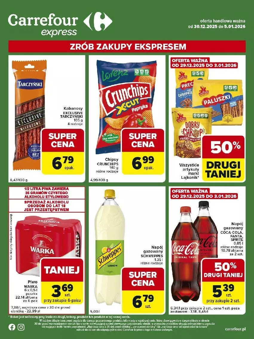 Gazetka promocyjna Carrefour - Gazetka Express - ważna 30.12.2025 do 05.01.2026 - strona 2 - produkty: Crunchips, Fa, Fanta, Gin, Gra, Kabanos, Lajkonik, Napój, Piwa, Piwo, Rum, Sprite, Warka