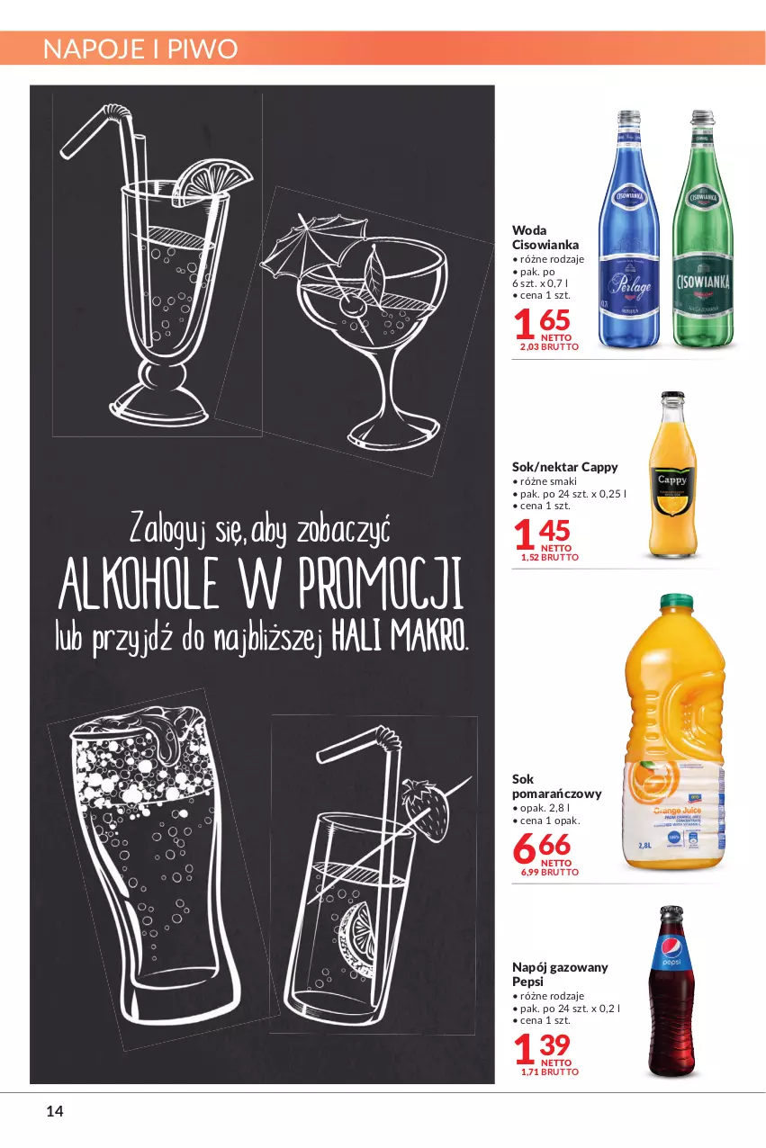 Gazetka promocyjna Makro - [Oferta promocyjna] Artykuły spożywcze i przemysłowe - ważna 27.12.2021 do 05.01.2022 - strona 14 - produkty: Cappy, Cisowianka, Napój, Napój gazowany, Napoje, Nektar, Pepsi, Piwo, Sok, Sok pomarańczowy, Woda