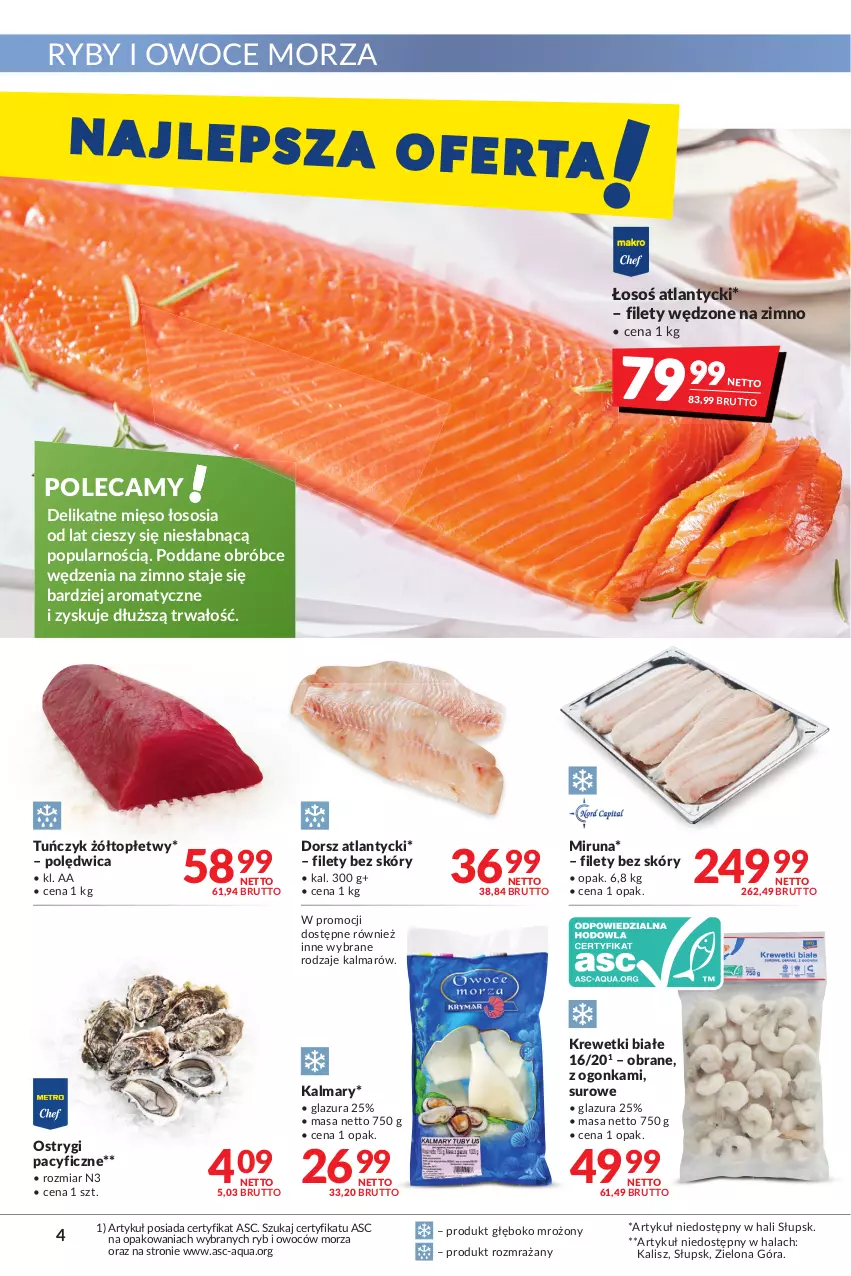 Gazetka promocyjna Makro - [Oferta promocyjna] Artykuły spożywcze i przemysłowe - ważna 27.12.2021 do 05.01.2022 - strona 4 - produkty: Dorsz, Glazura, Kalmar, Kalmary, Krewetki, Lazur, Mięso, Miruna, Ostrygi, Owoce, Owoce morza, Polędwica, Ryby i owoce morza, Sos, Top, Tuńczyk